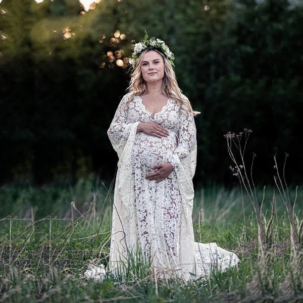 Boho Style Lace Maternity Dress For Photography Maternity Photography Outfit Maxi Gown Pregnancy Women Lace Long Dress