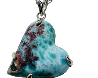 Natural blue and red larimar heart pendant, heart pendant Dominican, authenticity, blue larimar, red pendant, handmade larimar pendant