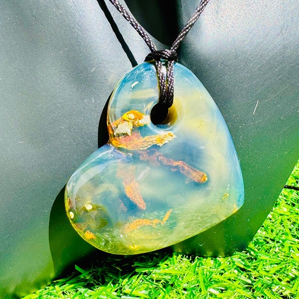 Beautiful heart with plant fossil in blue amber AAA gift Heart Pendant, Turtleback Larimar Pendant, gift idea Jewelry for mothers day