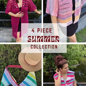 Puede incluir: Un collage de cuatro prendas de verano de ganchillo: un cárdigan largo magenta, una chaqueta de manga corta a rayas pastel, un bolso tote a rayas y un chaleco a rayas. El texto "4 PIECE SUMMER COLLECTION" está superpuesto.