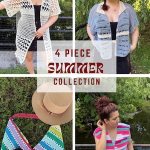 Puede incluir: Un collage que muestra una colección de verano de 4 piezas. La imagen presenta cuatro artículos de ganchillo: una rebeca crema de tejido abierto, una rebeca azul de manga corta, un bolso tote a rayas de colores y un chaleco a rayas. Se muestra el texto "COLECCIÓN DE VERANO DE 4 PIEZAS".