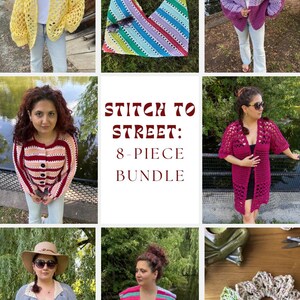 Puede incluir: Una colección de artículos de ganchillo hechos a mano, incluyendo cárdigans, un bolso tote y coleteros. Los artículos presentan varios colores y patrones. El texto "STITCH TO STREET: 8-PIECE BUNDLE" está visible.