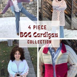 May include: Four crochet cardigan patterns, each featuring a different colour combination and style. The patterns include a hooded cardigan, a cropped cardigan, a long cardigan, and a cardigan with a contrasting collar.