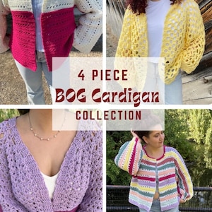 May include: A collection of four crochet cardigans in various colours and styles. The image includes a white and pink cardigan, a yellow open-weave cardigan, a purple cardigan, and a striped cardigan. Text on the image reads "4 PIECE BOG Cardigan COLLECTION."