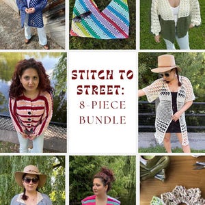 Puede incluir: Una colección de artículos de ganchillo hechos a mano, que incluyen una rebeca con capucha, un bolso tote a rayas y varios cárdigans abiertos. La imagen también presenta un top de ganchillo, un chaleco y dos coleteros con forma de flor. El texto "STITCH TO STREET: 8-PIECE BUNDLE" es visible.