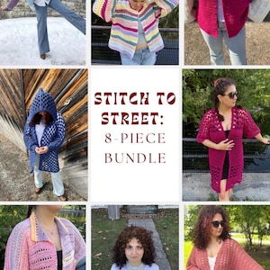 Puede incluir: Una colección de ocho chaquetas de ganchillo hechas a mano en varios colores y estilos. Las chaquetas incluyen un abrigo azul con capucha, una chaqueta a rayas y una rebeca rosa. Se muestra el texto "STITCH TO STREET: 8-PIECE BUNDLE".