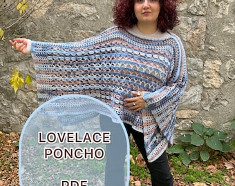 Lovelace Crochet Poncho Pattern – Easy Shawl, XS-5XL (PDF Pattern)