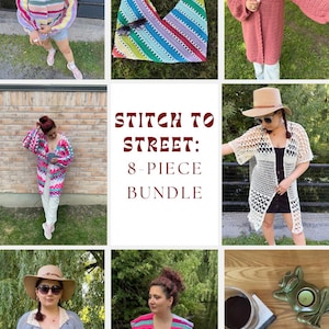 Puede incluir: Una colección de artículos de ganchillo hechos a mano, incluyendo suéteres, cárdigans y un bolso tote, en varios colores. La imagen también presenta el texto "STITCH TO STREET: 8-PIECE BUNDLE".