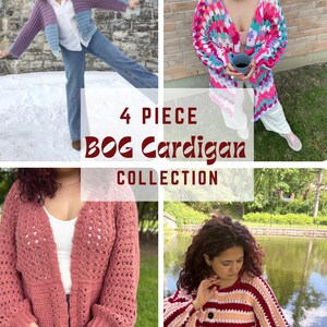 May include: Four handmade crochet cardigans are shown, each in a different style and colour. The image shows a woman modelling each cardigan, highlighting the textures and designs. The text reads "4 PIECE BOG Cardigan COLLECTION".