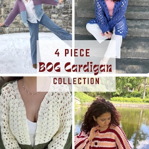 May include: A four-part image featuring various crochet cardigans. The image includes a blue hooded cardigan, a striped red and pink cardigan, a cream and green cardigan, and a purple and blue cardigan. Text reads "4 PIECE BOG Cardigan COLLECTION."