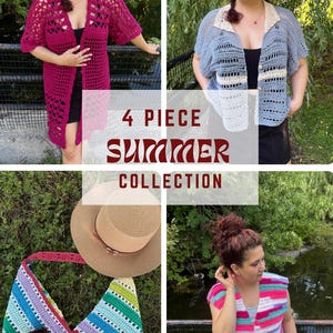 Puede incluir: Un collage que muestra una colección de verano de 4 piezas. La colección incluye una rebeca de ganchillo magenta, una camisa de ganchillo azul, un bolso tote de ganchillo a rayas y un chaleco de ganchillo a rayas. El texto "4 PIECE SUMMER COLLECTION" está superpuesto en la imagen.