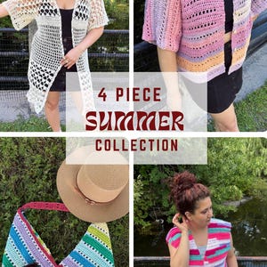 Puede incluir: Un collage de cuatro artículos de verano de ganchillo. Incluye una rebeca calada color crema, una chaqueta de manga corta en colores pastel, un bolso tote a rayas y un chaleco a rayas. Se muestra el texto "4 Piece Summer Collection".