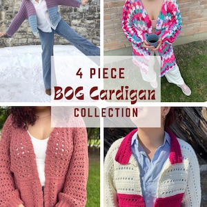 Pode incluir: Uma colagem mostrando quatro cardigans de crochê diferentes. Os cardigans variam em cor e estilo, incluindo um design rosa, branco e magenta, um design azul e roxo e um cardigan rosa empoeirado. O texto "4 PIECE BOG Cardigan COLLECTION" é sobreposto na imagem.