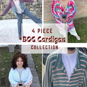 May include: Four crochet cardigans are displayed, showcasing a variety of colours and designs. The image features a multi-coloured open cardigan, a green and pink striped cardigan, and two other cardigans in blue, purple, and white. Text reads "4 PIECE BOG Cardigan COLLECTION."