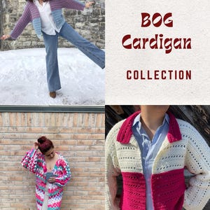 May include: Three crochet cardigan patterns, each with a different colour scheme. The first cardigan is purple and blue, the second is pink, white and blue, and the third is white and pink. The text "3 PIECE BOG Cardigan COLLECTION" is displayed on a red background.
