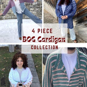 May include: A selection of four handmade crochet cardigans in different styles and colours. The image shows a blue hooded cardigan, a striped green and pink cardigan, a white cardigan with floral accents, and a colour-blocked purple and blue cardigan. Text reads "4 PIECE BOG Cardigan COLLECTION."