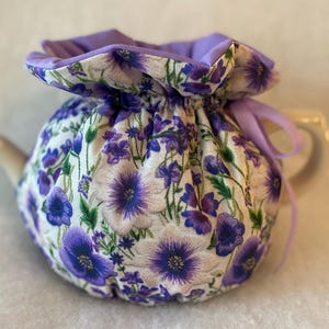 Purple Pansy Tea Cozy: 4-6 Cup Cotton Teapot Cover; handmade in US