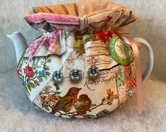 Handmade Faux Patchwork Tea Cozy – Floral Birds Cottagecore Teapot Warmer