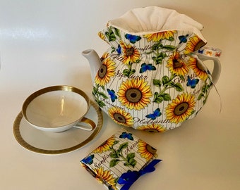 Lovely Sunflower Tea Cozy / Teapot Warmer - 4-6 cup wrap around style - hand made in US - FREE Teabag Wallet! FREE Shipping!