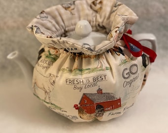 Farm Animal Cotton Tea Cozy, 4-6 Cup Teapot Warmer, Country Style Handmade