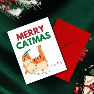 Carte de Noël drôle de chat « Merry Catmas », carte de vœux, joyeux Noël, carte de Noël pour amoureux des chats, famille ou amis