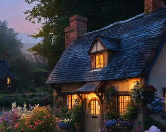 English cottage Kinkade style, cozy, soft light, dusk, flowers, river, oil on canvas, digital print, digital download