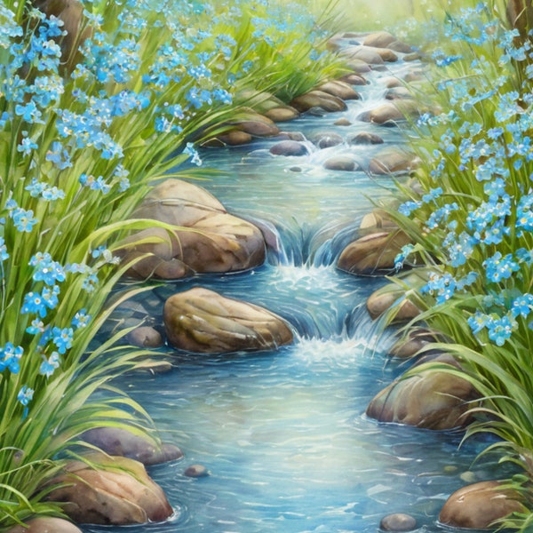 Watercolor Landscape Spring Forest ForgetMeNots and a Stream | Instant Download | Digital Print | Digital Download | Home Decor | Wall Art
