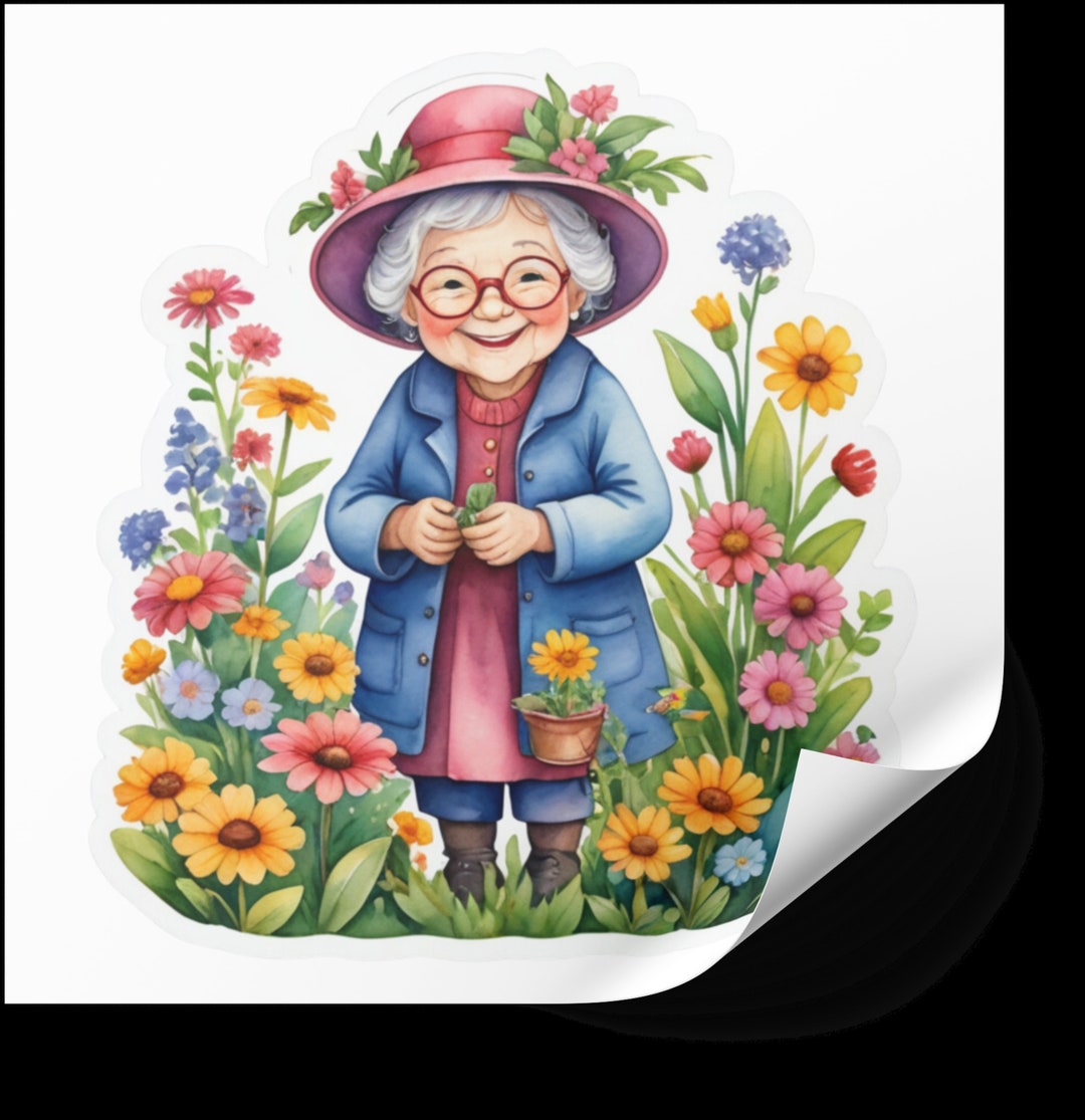 Senior Lady Cute Granny and Her Flowers 4pcs Clipart PNG Sublimation ...