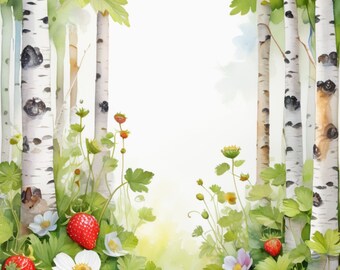 Wild strawberries in a birch wood, watercolor, digital print, digital painting, digital download