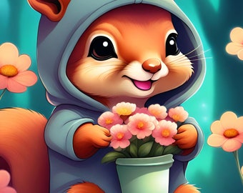 Cute Kawaii Squirrel Flowers Hoodie Digital Download Printable