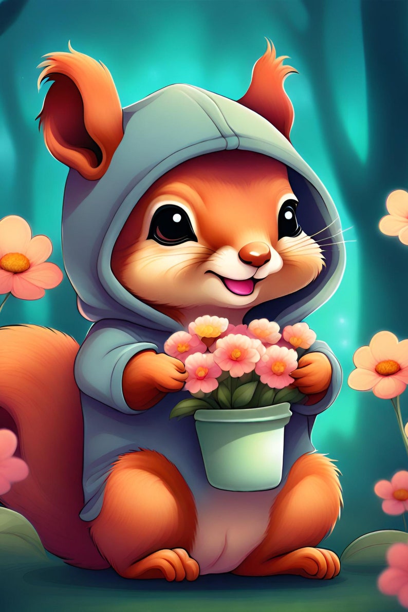 Cute Kawaii Squirrel Flowers Hoodie Digital Download Printable zdjęcie 1