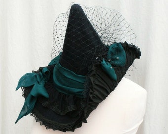 Fancy Lace GOTHIC WITCH HAT Chiffon Ruffle and Bows (11"/28cm. version)