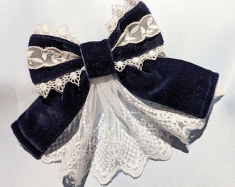 VIOLETTE BOW Velvet Lace Ribbon Brooch or Hairclip