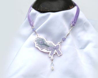 Pastel JEWEL FEATHER Ribbon Choker Necklace