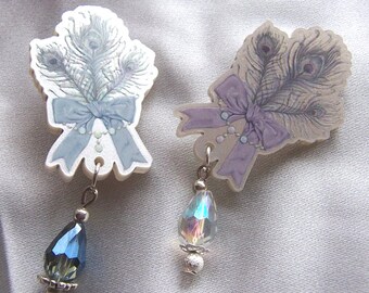 Pastel Silver JEWEL FEATHER Brooch- Lilac or Blue