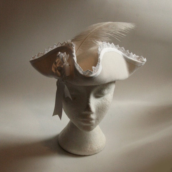 Large TRICORNE HAT Lace, Rose and Feather