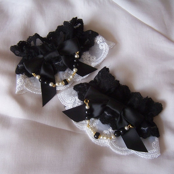 DOUBLE LACE Bow and PEARL Jewellery Lace Wrist Cuffs- All Colours