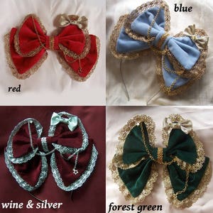 CIRCUS HEADDRESS Velvet Sparkle Bow Gold or Silver Light Blue