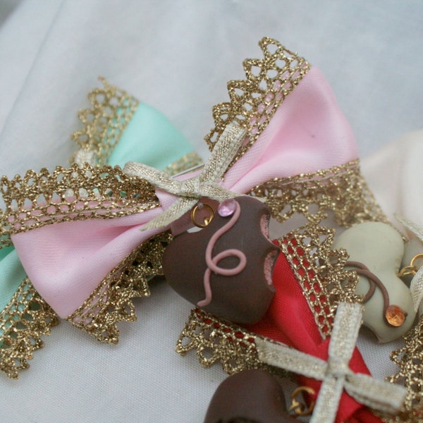 CHOCOLATE TRUFFLE Sweet Heart Ribbon Mini Bow Brooch