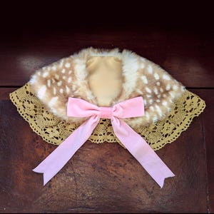SPOTTED FAWN Deer Fur Bow Collar with Cluny Lace (Brown, Pink, or Lilac)