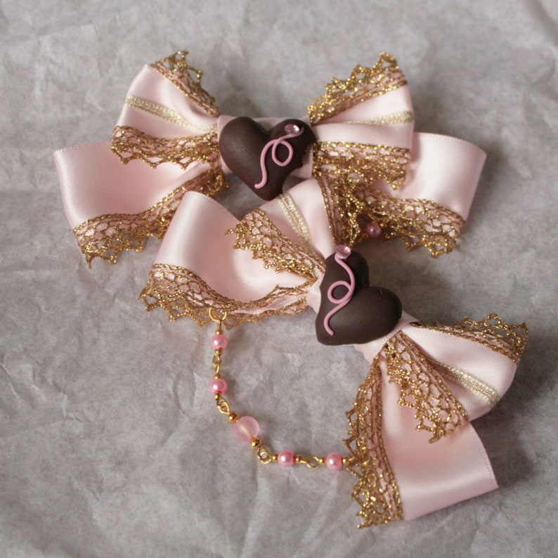 CHOCOLATE TRUFFLE Sweet Heart Ribbon Pigtail Bows image 1