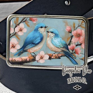 Cherry Blossom Blue Birds Belt Buckle