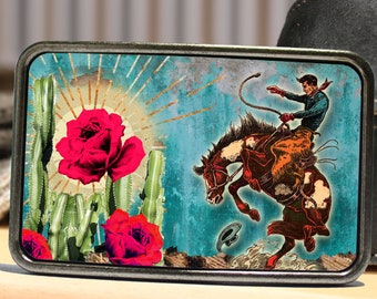 Wild West Cowboy Cactus Rose Belt Buckle