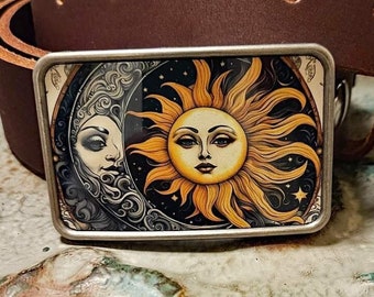 Whimsical Celestial Sun and Moon Belt Buckle