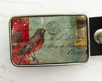 Tattered Bird Collage Belt Buckle