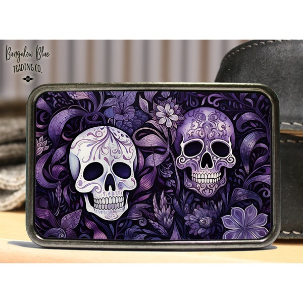 Floral Skull Belt Buckle, Purple Calavera Style