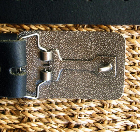 Vintage 1990s Black Leather Belt With Brass Sun Buckle