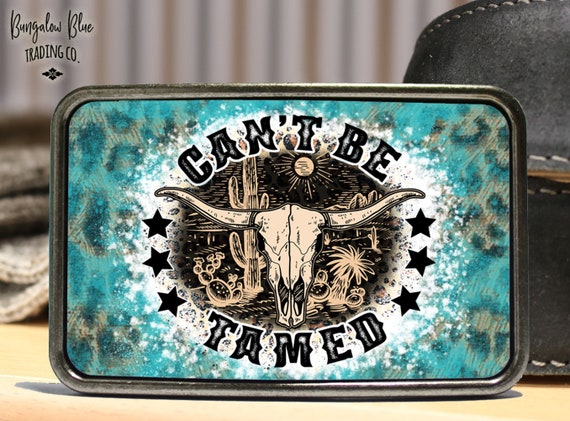 Can't Be Tamed Cow Skull Leopard Western Belt Buckle