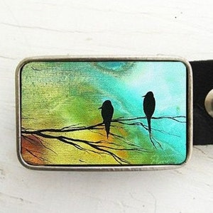 Birds in Tree Belt Buckle (on blue)- artwork by Madart