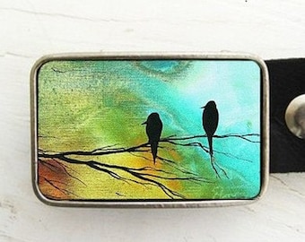 Birds in Tree Belt Buckle (on blue)- artwork by Madart